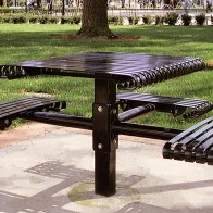 recycled steel table with attached seating