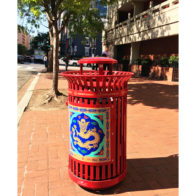 litter receptacle with custom lid and plaque decals.